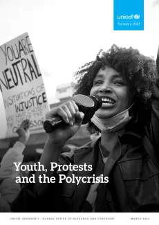 Cover of Youth, Protests and the Polycrisis featuring a black and white photo of a young woman at a protest