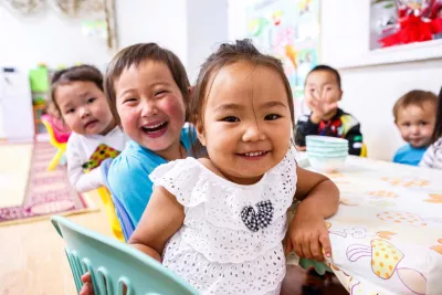 Kids smiling after their lunch in a kindergarten which is supported by UNICEF Mongolia’s nutrition programme in Nalaikh, district Ulaanbaatar