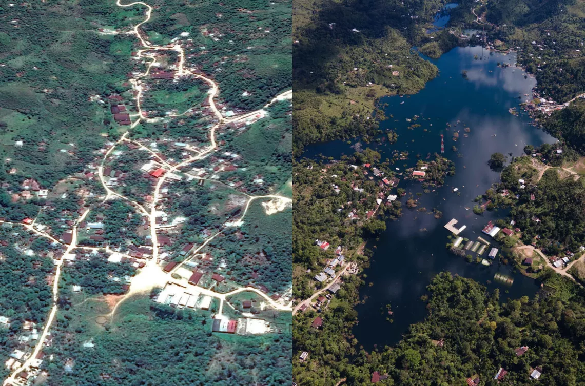 Foto montaje: a la izquierda, una imagen de Google Earth del pueblo de Campur, Alta Verapaz, Guatemala. A la derecha, una imagen de un dron tomada en la misma zona el 3 de diciembre de 2020. Muchos pueblos como Campur todavía están afectados por las inundaciones o aislados.